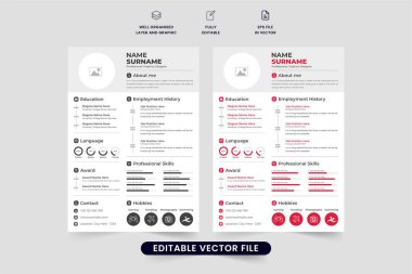 Şirket stajyeri, çalışan faaliyetleri ve becerileri ile şablon vektörüne devam ediyor. Resmi iş için modern şablon tasarımı. En düşük özgeçmiş ve kırmızı ve koyu renkli şablon vektörüne devam et.