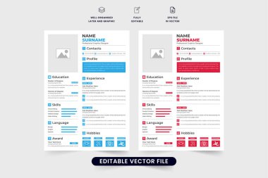 Profesyonel iş başvurusu ve fotoğraf tutucuları ile CV eklenti şablonu vektörü. Şirket özgeçmişi ve kırmızı ve mavi renkli özgeçmiş tasarımı. Minimum ofis çalışanları için şablona devam et.