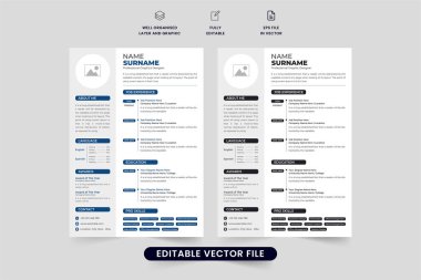 Profesyonel iş deneyimi ve becerileri şirket stajyerliği başvuruları için şablona devam ediyor. Asgari CV ve mavi ve koyu renkli tasarım vektörüne devam edin. Fotoğraf tutucuları ile yaratıcı şablon devam.