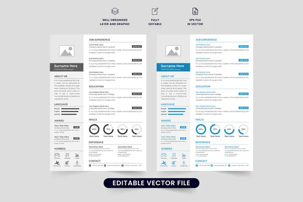 stock vector Modern job application layout design for official internship. Company employee resume and CV template vector with photo placeholders. Minimalist CV layout design with dark and blue colors.