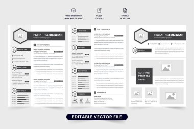 Çalışan portföyü ile yaratıcı CV şablon tasarımı. İş başvurusu ve koyu renkli tasarım devam ediyor. Profesyonel CV ve kurumsal bir ofis işi için özgeçmiş vektörü.
