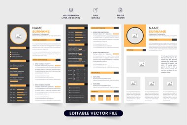 Sarı ve koyu renkli profesyonel CV şablonu. Modern iş başvurusu ve fotoğraf tutucuları ile kapak tasarımı. Şirket özgeçmişi ve ofis işi için portföy düzenleme vektörü.