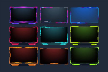 Live streaming and gaming frame bundle design with neon effect. Broadcast screen overlay set vector with green, yellow, and purple colors. Futuristic online gaming overlay vector collection. clipart