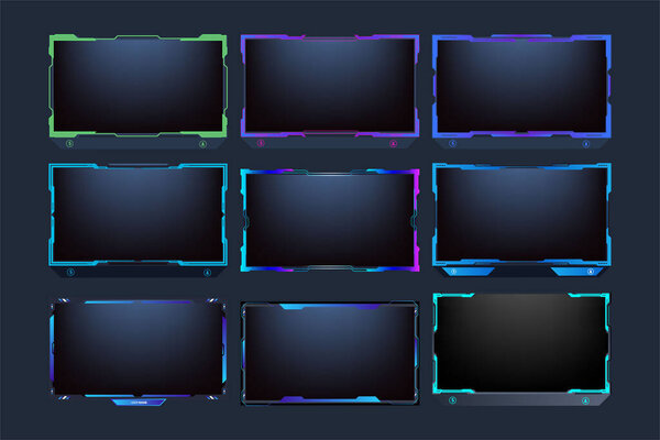Простой потоковый наложение и дизайн интерфейса экрана с синим, фиолетовым и зеленым цветами. Прямая трансляция вектора накладываемых пакетов. Современная коллекция рамок для игр на тёмном фоне.