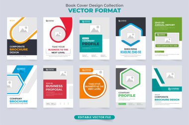 Şirket dergisi kapak tasarımı ve fotoğraf tutucuları. Geometrik şekilli iş portföyü toplama vektörünü kapsar. Modern şirket profil kapağı bir iş teklifi paketi için.