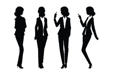 Farklı pozlar veren modern kadın ofis çalışanları. Bayan iş adamı silueti vektör koleksiyonu. Şık bir iş kadını silueti takım elbise giyiyor ve farklı pozlarda duruyor..