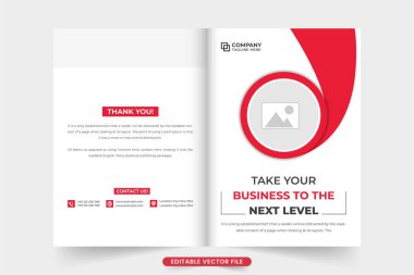 Fotoğraf tutucularla birlikte yaratıcı iş portföyü kapağı tasarımı. Modern şirket tanıtım dergisi kapak planı kırmızı ve koyu renkli. İş teklifi ve şirket genel değerlendirme kapağı.