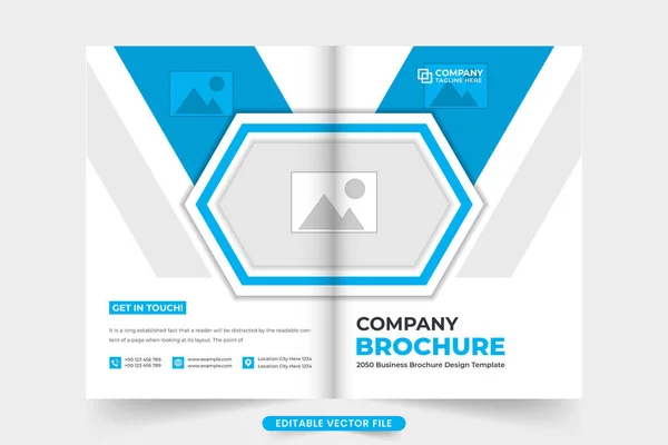 stock vector Company brochure cover design with blue and dark colors. Corporate business magazine cover template vector for marketing. Business proposal profile and booklet cover vector with photo placeholders.