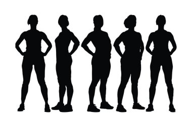 Vücut geliştiren kadın silueti farklı pozisyonlarda duruyor. Farklı pozlarla jimnastikçi kız silueti. Kadın halterci ve kaslı vücutlu vücut geliştirici silueti. Kadın jimnastikçi silueti.