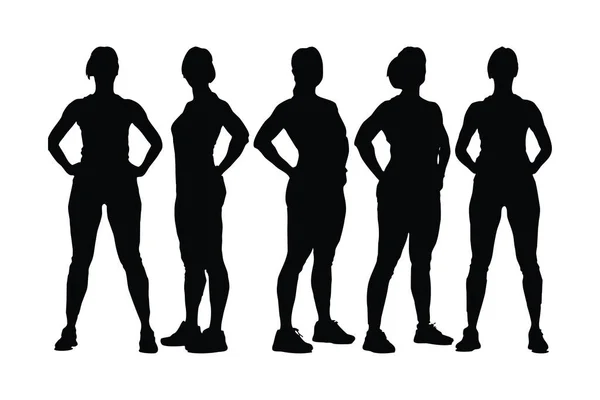 Vücut Geliştiren Kadın Silueti Farklı Pozisyonlarda Duruyor Farklı Pozlarla Jimnastikçi — Stok Vektör