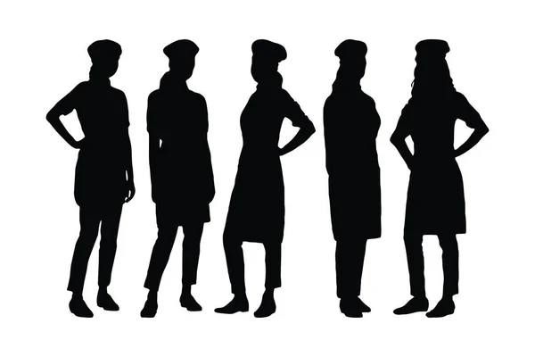 女性のパン屋のシルエットは異なる位置に立って設定します 制服シルエットベクトルコレクションを身に着けている女の子パン屋 ベーカリー女性シルエットバンドル 女性モデル立ちシルエットベクトル — ストックベクタ