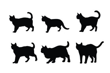 Cat standing silhouette bundle design. Cute cat walking in different positions silhouette collection. Feline standing design on a white background. Cute home cat silhouette set vector. clipart