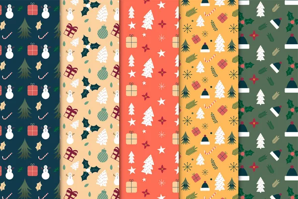 ダークとレッドの背景に創造的なシームレスなパターンバンドル装飾 雪だるま 松の木 ギフトのアイコンとクリスマスの無限のパターンコレクション ギフトカード用のクリスマス抽象パターンセット — ストックベクタ