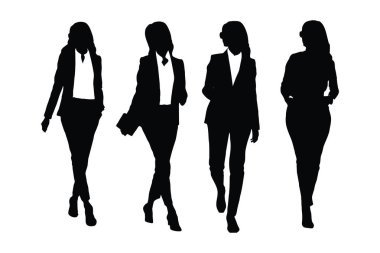 Şık kadın silueti takım elbise giyiyor ve farklı pozisyonlarda duruyor. Resmi elbiseler giyen isimsiz bir manken kız. Beyaz arka planda modern iş kadını silueti koleksiyonu.