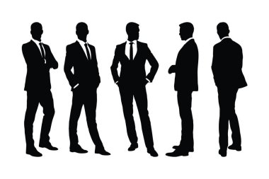 Modern iş adamı silueti, farklı pozisyonlarda duruyor. Erkek çalışanlar resmi giysiler giyip ayakta duruyorlar. Beyaz arka planda isimsiz erkek model siluet koleksiyonu.