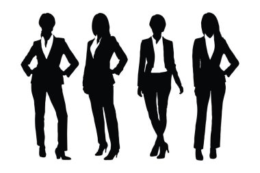 Modern iş kadını takım elbise giyer ve farklı pozisyonlarda durur. İsimsiz yüzleri olan kadın çalışan siluetleri. Yaratıcı kadın çalışan ve kız işadamı silueti belirleme vektörü.