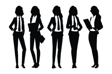 Kadın işadamı tüm vücut silueti ayakta duruyor. Beyaz bir geçmişi olan isimsiz kadın muhasebeciler ve iş adamları. Ofis elbisesi giyen modern kız modeli siluet koleksiyonu.