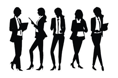 Kadın işadamı ve muhasebeci silueti, elinde tabletlerle ayakta duran bir vektör belirledi. Beyaz arka planda isimsiz yüzleri olan iş kadınları. Ofis elbisesi giyen modern kız modeli siluet koleksiyonu.