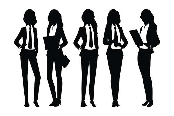 女性実業家フルボディシルエットベクトル立っている 白い背景に匿名の顔を持つ女性会計士やビジネスマン 現代の女の子モデル着用オフィスドレスシルエットコレクション — ストックベクタ