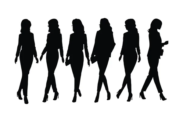 スタイリッシュな女性モデルのシルエットは 異なる位置に歩くと立って設定します 匿名の女性モデルとオフィス従業員のコレクション白い背景にあります 女の子従業員シルエットバンドルベクトル — ストックベクタ