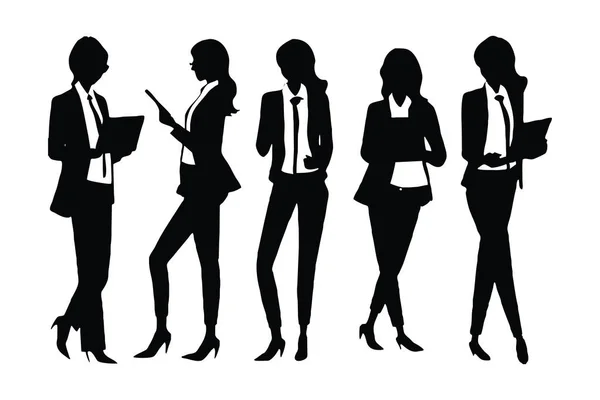 Female Businessman Accountant Silhouette Set Vector Standing Tablets Businesswomen Anonymous — Stock Vector