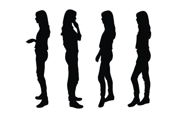 Modèle Féminin Debout Dans Vecteur Jeu Silhouette Position Différente Femme — Image vectorielle