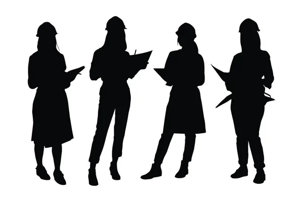 異なる位置シルエットセットベクトルに立つ女性建築家 白い背景に女性建築シルエットバンドル 匿名の顔を持つ少女建設労働者 フルボディシルエット — ストックベクタ