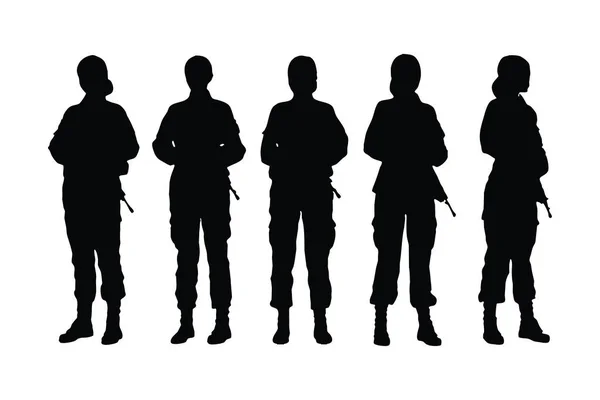 Female Soldiers Standing Different Position Silhouette Set Vector Woman Infantry — Stock Vector