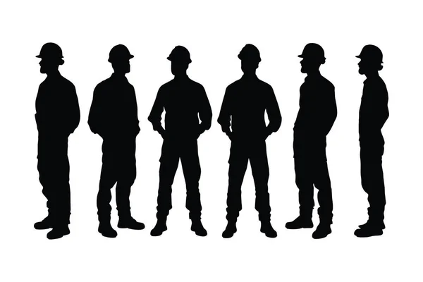 男性建筑师的轮廓在白色背景上设置矢量 无名氏建筑师头戴安全帽 人物形象鲜明 身穿制服和身居不同职位的男工 — 图库矢量图片