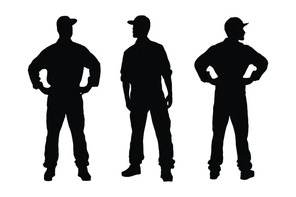 男性木匠的轮廓将矢量设定在白色背景上 穿着制服站在不同岗位上的男工 无名氏木匠男人头戴帽子 人物造型束腰 — 图库矢量图片