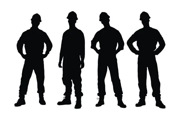 男性机修工的轮廓将矢量设定在白色背景上 男产业工人穿着制服 站在不同的岗位上 戴着安全帽 头戴侧写带的无名技师 — 图库矢量图片