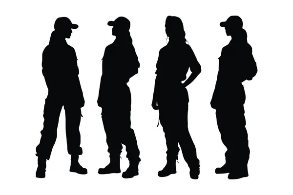 stock vector Female plumber standing and wearing uniforms silhouette collection. Woman construction worker and plumber silhouette set vector. Female Plumber model with anonymous faces silhouette bundle.