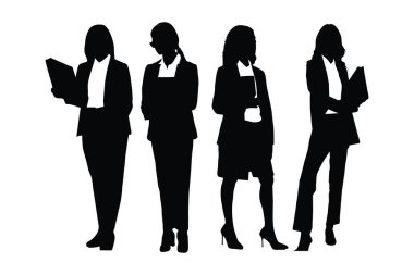 Female lawyers and counselors standing in different position silhouette set vectors. Girl lawyer with anonymous faces. Counselors wearing suits silhouette collection. Lawyer girl silhouette. clipart