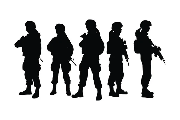 具有战术装备的女步兵站在不同的位置上 轮廓集矢量 有无名脸孔的女兵女兵与武器轮廓的集合 士兵女孩的轮廓 — 图库矢量图片