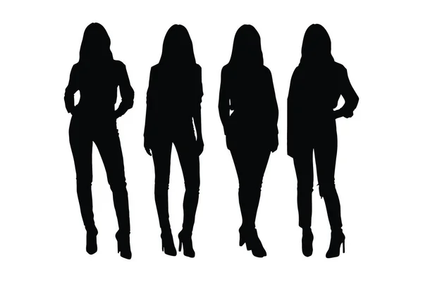stock vector Female models and actors standing in different position silhouette set vectors. Girl models with anonymous faces. Actors wearing uniforms silhouette collection. Fashion designer girl silhouette.