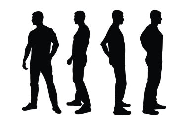 Erkek modeli farklı pozisyonlarda duruyor siluet ayarlanmış vektör. Anonim yüz silueti olan modern erkek model. Tişört giyen adamlar. Beyaz arkaplanda manken silueti.