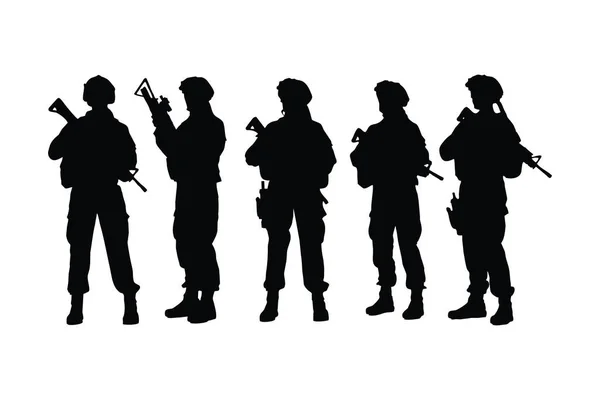 女兵站在不同的位置上 轮廓呈矢量状 现代精英势力有着无名的脸庞轮廓 携带冲锋枪的妇女 白色背景的士兵轮廓 — 图库矢量图片