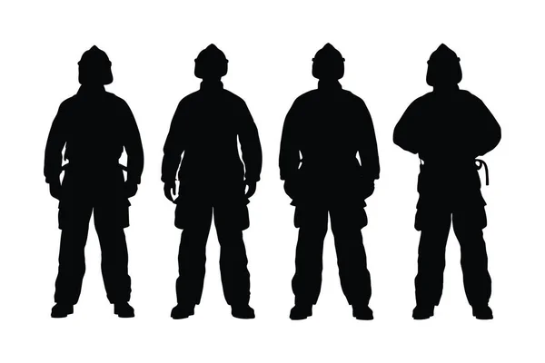 男性消防员站在不同的位置上 轮廓设置矢量 现代消防员匿名的脸轮廓 穿着制服的紧急消防员 白色背景的消防员轮廓 — 图库矢量图片