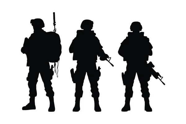 戦術装備と武器シルエットセットベクトルと軍事特殊部隊 白地にアサルトライフルを装備した現代の歩兵 匿名の顔で戦闘形成に立っている陸軍兵士 — ストックベクタ