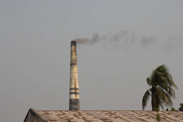 砖窑和工业区风景与蓝天 砖窑和棕榈树的风景 一个美丽的农村工厂和磨坊 巨大的砖窑带来的浓烟与风景的天空 — 图库照片