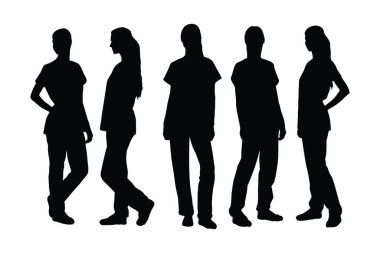 İsimsiz yüzlü dişçi kadınlar. Kadın dişçiler cerrahi üniforma giyip siluet demetleri takıyor. Kadın hekim silueti koleksiyonu. Kadın doktor silueti beyaz arkaplanda vektör belirledi.