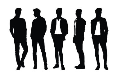 Male models and actors with anonymous faces. Fashion model boys silhouette collection. Male model silhouette on a white background. Actor men wearing stylish dresses and standing silhouette bundles. clipart