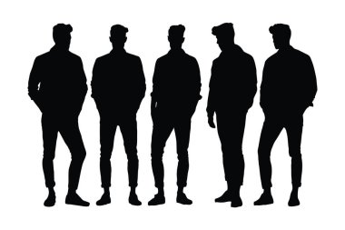 Actor men wearing stylish dresses and standing silhouette bundles. Male models and actors with anonymous faces. Fashion model boys silhouette collection. Male model silhouette on a white background. clipart