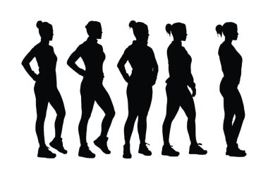 Muscular woman silhouette on a white background. Female sportsman posing to play. Muscular women standing silhouette bundle. Female gymnasts with anonymous faces. Bodybuilder silhouette collection. clipart