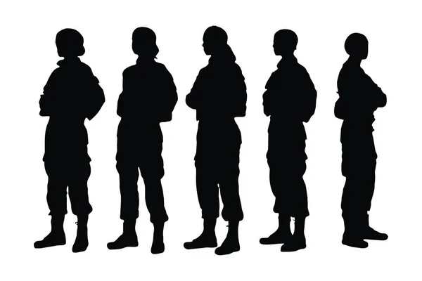 Vector Conjunto Silueta Soldado Femenino Sobre Fondo Blanco Unidad Infantería — Vector de stock