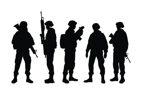 陆军特种部队的剪影系列 身穿制服 手持冲锋枪的男性士兵 有无名脸的步兵白人背景上的男性军队轮廓 — 图库矢量图片