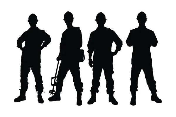 建筑工人穿着制服 站在那里 装备齐全 那些面容无名的砖匠在白色背景上的男性马森轮廓 男砖匠剪影系列 — 图库矢量图片