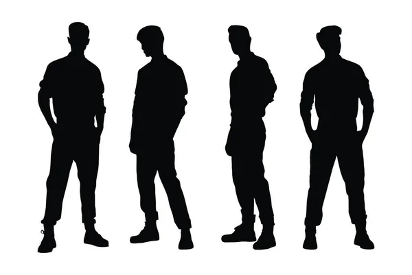 白色背景上的男模轮廓 时装模特们穿着时髦的衣服 站着剪影束腰 有无名脸蛋的男演员男模和时装演员人物造型系列 — 图库矢量图片