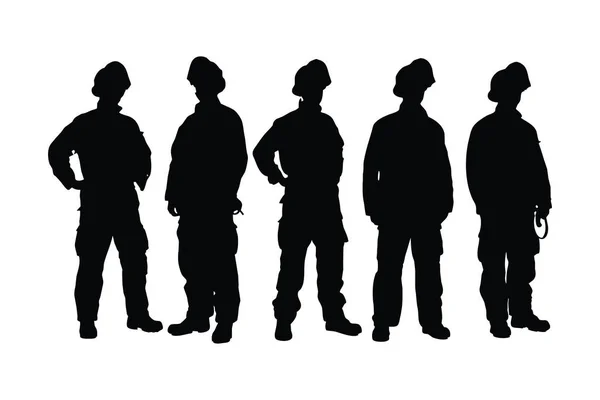 制服を着て立ち上がる消防士 白地に男消防士のシルエット 消防士少年シルエットコレクション 匿名の顔を持つ男性消防士や緊急労働者 — ストックベクタ