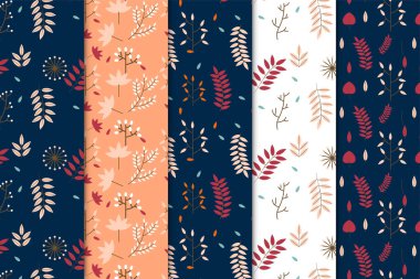 Koyu, turuncu ve beyaz arka planlarda güzel sonbahar desenli dekorasyon. Kitap kapakları, duvar kağıtları ve ambalaj kağıtları için bitmeyen yaprak deseni tasarımı. Kumaş için kusursuz doğa düzeni arkaplanı.